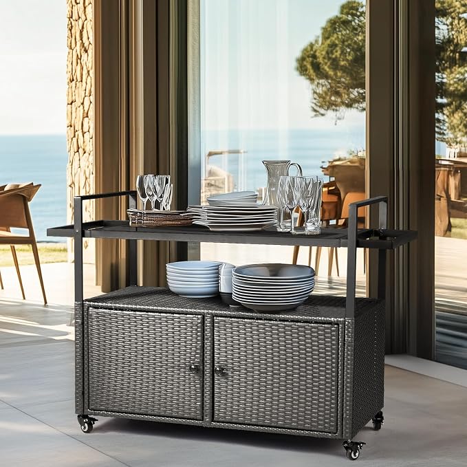 Outvita Patio Bar Table, Weatherproof Buffet Cabinet Wicker Outdoor Storage Cart with 2 Doors & Shelves Glass Tabletop for Tableware Wine Bottle and Glass, Towels, and Potting Supplies