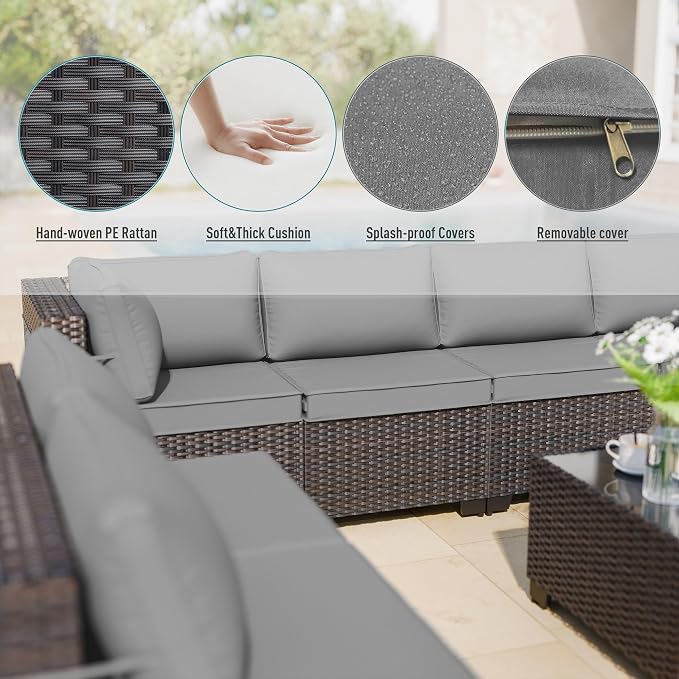 ALAULM 12 Pieces Patio Furniture Set with 2 Swivel Chairs Wicker Patio Conversation Set, Outdoor Sectional Furniture w/Coffee Table & Washable Seat Cushions-Grey