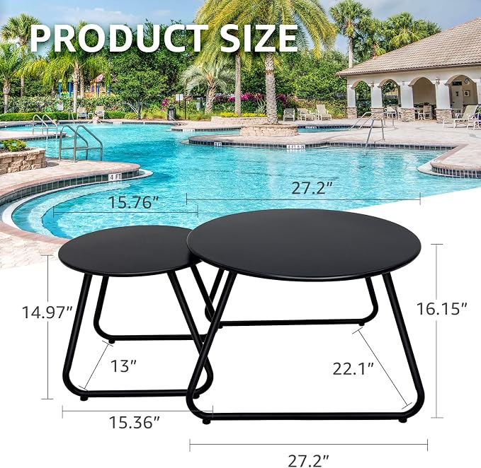 Meluvici Patio Outdoor Coffee Table Set of 2, Weather Resistant Steel Round End Tables, Outdoor Nesting Table for Patio, Balcony, Bistro and Indoor, Black (Black)