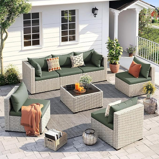7-Piece Outdoor Patio Furniture Set with PE Wicker Sectional Sofa and Tea Table, Weather-Resistant Outdoor Conversation Set for Patio, Garden, Backyard Lounge Area(Green)