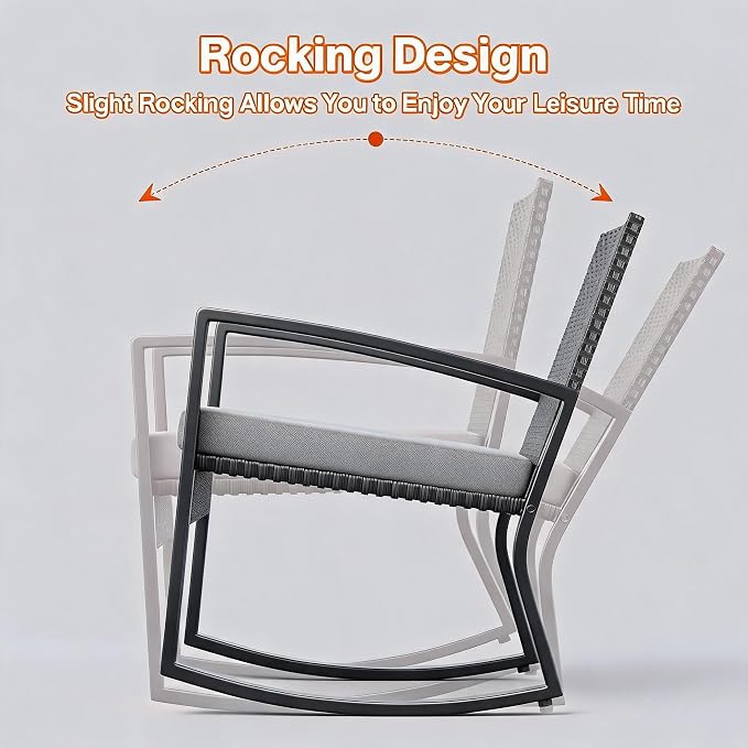 IDEALHOUSE Outside Patio Furniture Set, 4 Piece Outdoor Wicker Rocking Chair Conversation Set with Glass Coffee Table, PE Rattan Patio Furniture for Backyard, Porch, Patio, Poolside