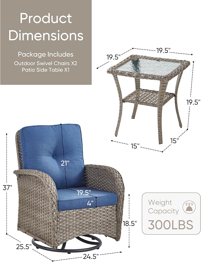 HUMMUH 3-Piece Wicker Swivel Rocking Patio Bistro Set, Grey/Blue | 360-degree swivel, 2-tier side table, UV-proof Olefin fabric, 4-inch sponge cushions, 3-inch armrests