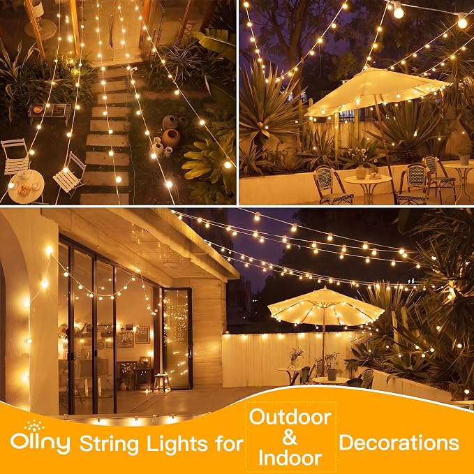 Ollny 50FT Outdoor String Lights, Waterproof Connectable Shatterproof Outside Light with 25 Edison + 2 Spare LED Bulbs Plug in, Patio Lights for Indoor Balcony Porch Camping Deck White