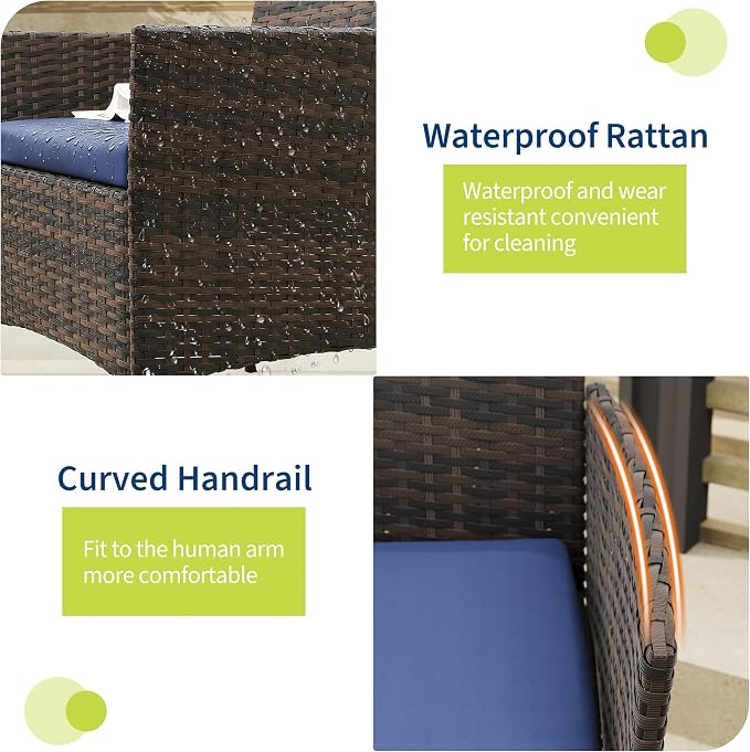 PeakPursuit 3 Pieces Patio Furniture Set, PE Rattan Wicker Patio Set with Soft Cushion and Glass Coffee Table, Upgraded Outdoor Patio Chairs and Table for Garden Poolside Balcony, Blue