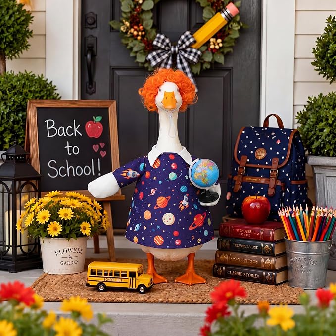 Outus Back to School Porch Goose Outfits Includes Galaxy Print Dress Orange Wig and Globe Prop First Day of School Classroom Goose Clothing for Outdoor Garden Yard Patio Lawn 23" Statue