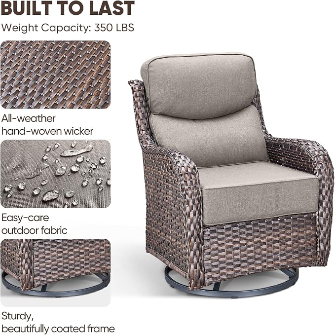 Swivel Patio Chairs sofa Set of 2 with 6" Thick Cushion - Wicker Outdoor Swivel Rocker Patio Chair ,Sofa/Glass coffee table, High Back Comfortable Outdoor Glider Chairs - Brown Wicker | Grey Cushions