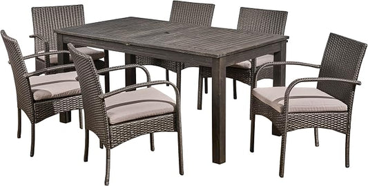Christopher Knight Home Elmar Outdoor 7 Piece Wood and Wicker Expandable Dining Set, Dark Gray and Dark Gray and Gray