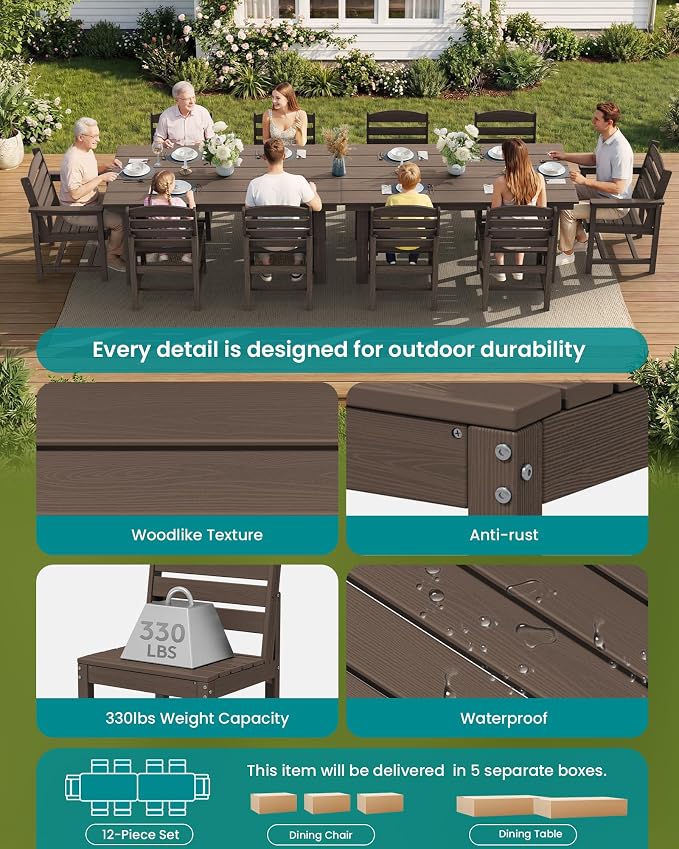SERWALL HDPE Outdoor Dining Set for 10 with 2 Tables & 10 Chairs, Coffee | Includes 2 Rectangular Tables(67") and 10 Chairs. All-Weather Resistant Dining Furniture