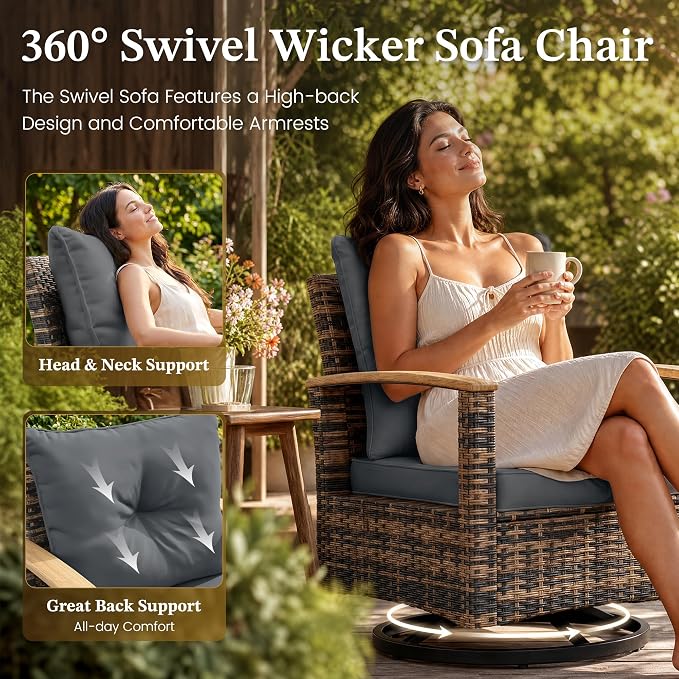UDPATIO Patio Furniture Set, 6 Pieces Outdoor Wicker Conversation Set with 2 Ottomans & Storage Table for Lawn, Porch, Garden, Backyard, Grey