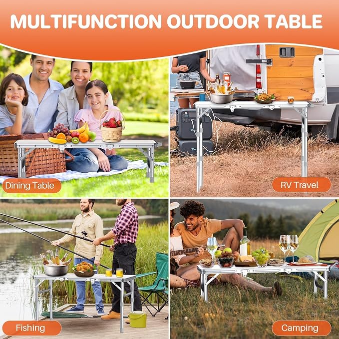 FUNYKICH 3ft Portable Folding Table with 3 Adjustable Height, 34.2'' Lx15.7'' W Camping Tables, Lightweight Aluminum Outdoor Picnic Table with Carry Handle for Car Camping, Outdoor Dining, Beach
