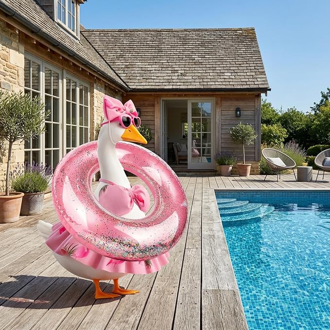 Summer Porch Goose Outfits Bikini - Hawaiian Porch Goose Clothes with Sunglasses and Swimming Ring for 23" Cement Goose Statue, Pink Flamingos Lawn Geese Costume Garden Yard Decor
