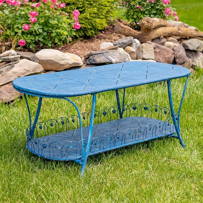 Zaer Ltd. Vintage Style Metal Patio Furniture with Heart Design Accents, Outdoor/Indoor Decor (Vintage Blue, Set of 3 (Bench, Table, Chair))