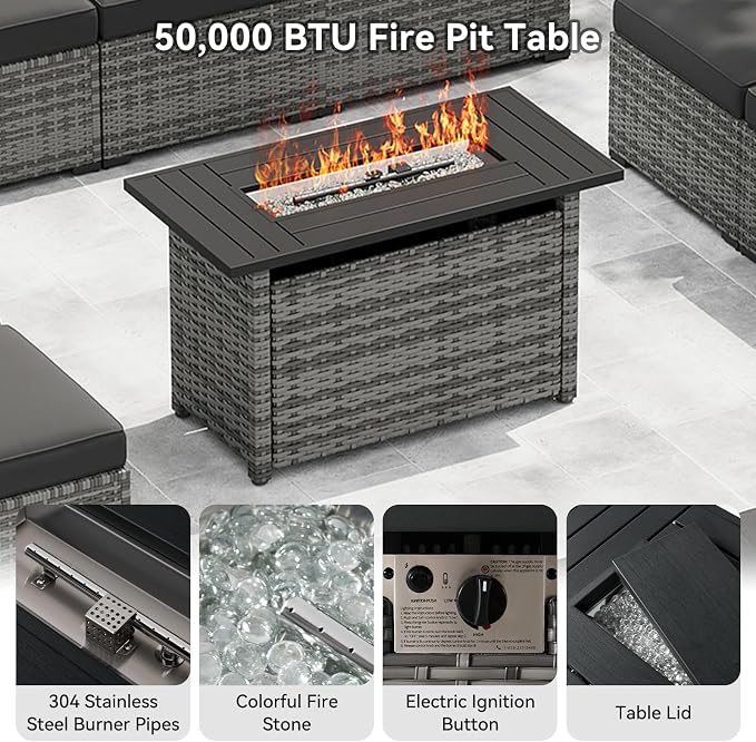 LazySunsets 12-Piece Patio Furniture Set with 44" Fire Pit Table, Wicker Outdoor Furniture, Patio Conversation Sets with Coffee Table, Outdoor Sectional Couch, Black