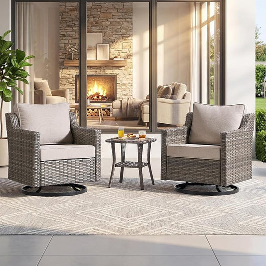 Outdoor Furniture Set of 3, Patio Chairs with Luxury 4" Cushion, Wicker Swivel Rocker Patio Chairs, and Side Table, High Back&Deep Seat for Garden Deck Porch Balcony Backyard - Beige