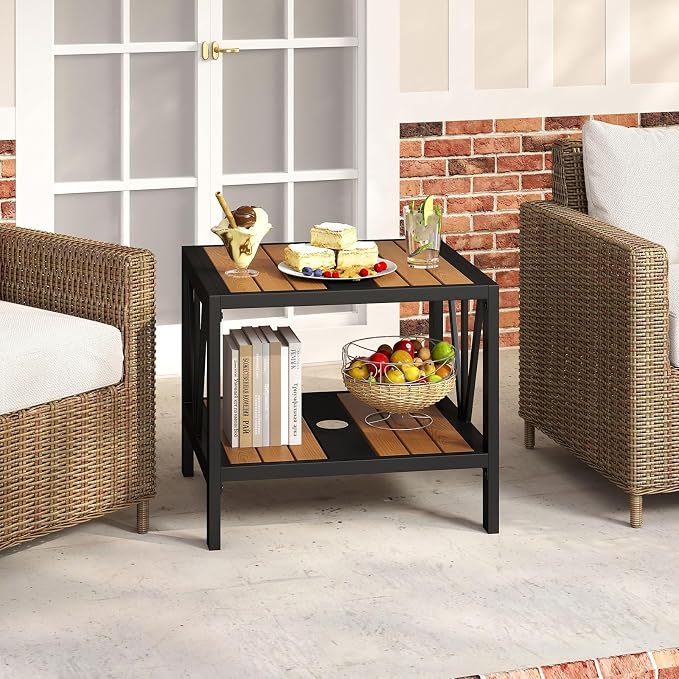 HAPPYGRILL Outdoor Side Table with Umbrella Hole 1.57”, 2-Tier Coffee Bistro End Table Umbrella Stand with Storage Shelf, for Backyard Poolside Garden (1)
