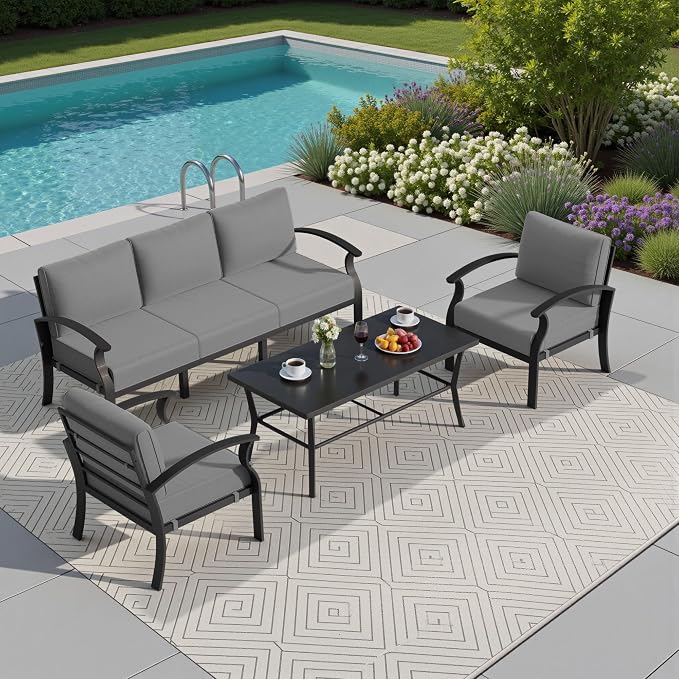 Kullavik Aluminum Patio Furniture Set,4 Piece Modern Metal Outdoor Patio Furniture w/5.1'' Thick Cushion and Rectangular Coffee Table,Patio Conversation Sets for Porch,Deck,Grey