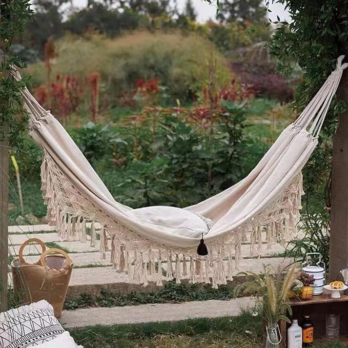 Handmade Cotton Woven Hammock, Balcony Hanging Rope Swing with Tassels, Portable Camping Double Boho Canvas Hammocks for Indoor Outdoor Patio Yard Garden(200x150cm/78.7x59in, Beige)
