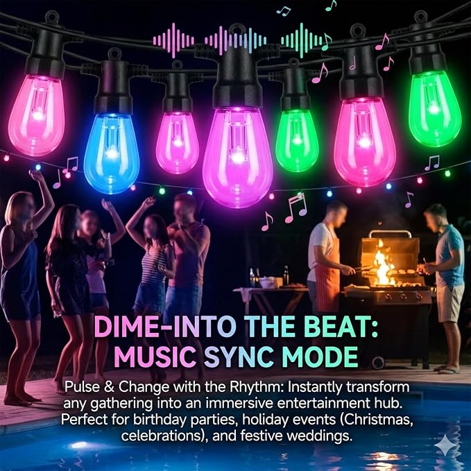 Outdoor String Lights 50FT, RGBW Clear ST14 Bulbs with App Control | 20 ST14 clear bulbs with app control, remote control, music mode, timer for backyard, pergola, deck and gatherings
