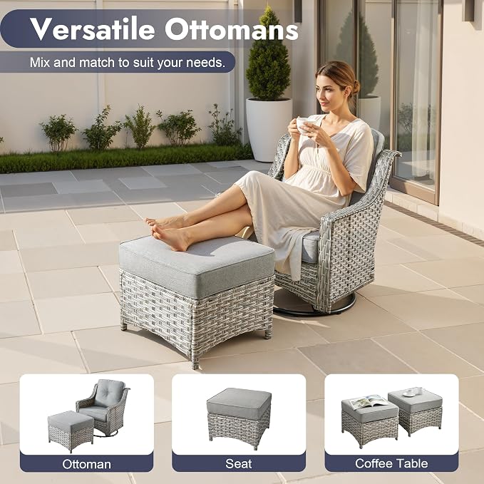 6 PCS Patio Furniture Set, Deep Seat High Back Outdoor Conversation Set with Ottomans, Wicker Outside Furniture with Solar Light Coffee Table for Porch Backyard Balcony, Sunroom, Dark Grey