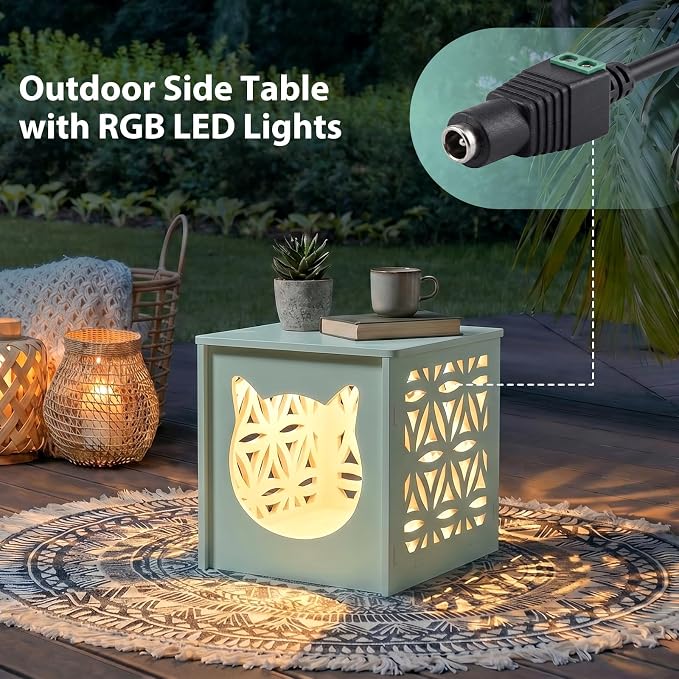VINGLI Outdoor Side Table with Cat House and LED Light, 15.6" Resin Waterproof Square Side Table End Table for Patio Garden Balcony Porch (Green)