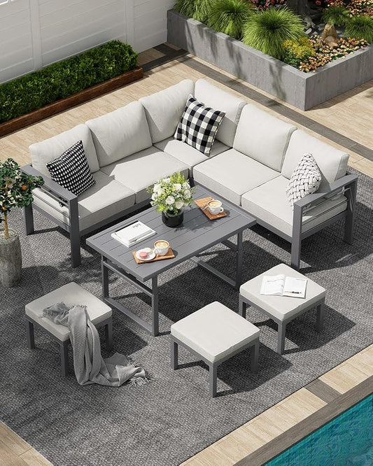 AECOJOY Aluminum Patio Furniture Set, 8 Seats Modern Outdoor Furniture with Adjustable Table, 7 Pieces Metal Conversation Sectional Sofa, Light Gray