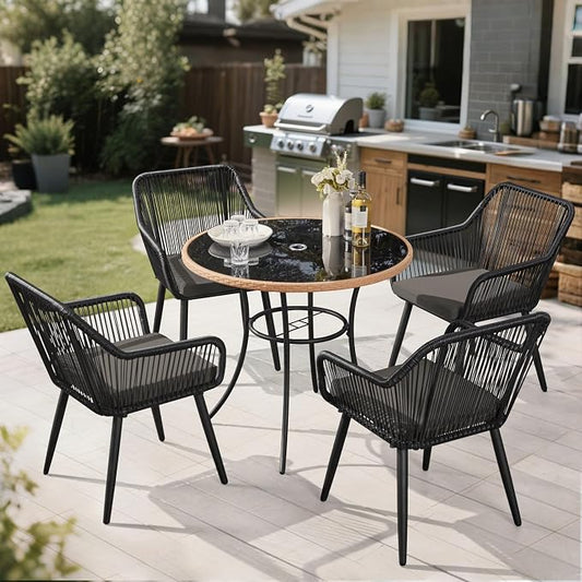 ECOTOUGE 5 Piece Patio Dining Set, Wicker Outdoor Furniture Set w/Glass Table, 4 PCS Chairs w/Waterproof Cushions for Backyard Garden Deck (Grey/Black, Round)