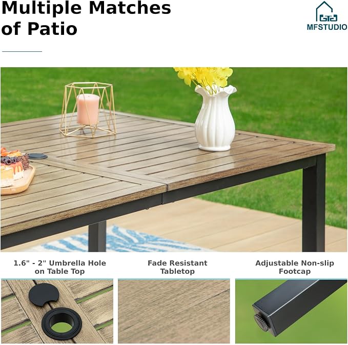 MFSTUDIO 7 Pieces Patio Dining Set for 6, 65” Wood-Like Metal Dining Table & Wicker Chairs, Outdoor Rattan Dining Furniture Set, Patio Rectangular Table and Chairs for 6, Deck, Backyard