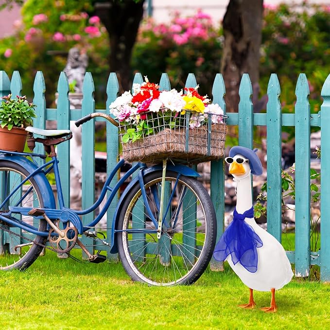 Yaomiao 3 Pcs 50s French Porch Goose Outfit Set for 23'' 17'' Cement Lawn Goose Costume Beret Hat for Carnival Statue Decor(Blue)
