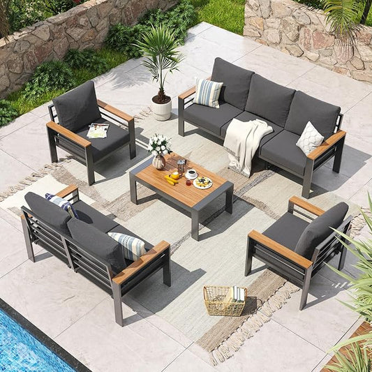 Aoxun Aluminum Patio Furniture Set 7 Seats, Oversized Outdoor Sectional with Washable Thick Cushions, Coffee Table, Patio Conversation Sets for Porch, Balcony, Deck, Dark Gray