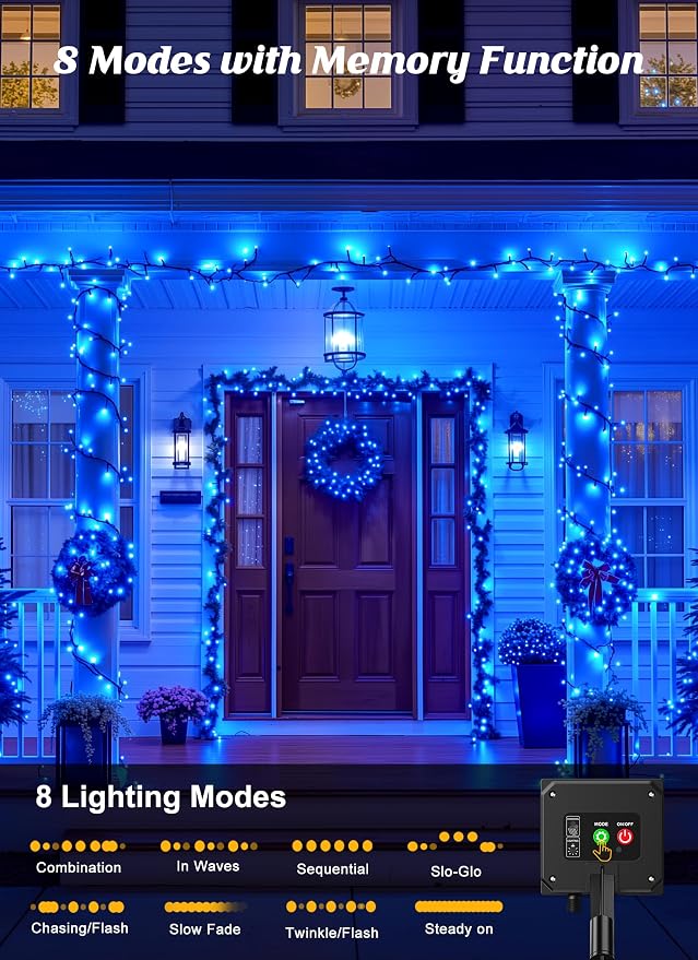 Brightown 2 Pack Solar String Lights Outdoor Waterproof, 80 FT 200 LED | Solar Powered Christmas Lights with 8 Modes, Auto On/Off, Patio Lights for Outside Tree Garden Party Decor (Blue)