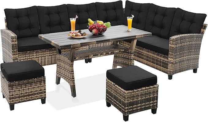 KROFEM 6 Piece Patio Furniture Set, Dining and Conversation Set, Black | UV Treated Wicker, Machine Washable Cushions, Seats 7, 2 Ottomans, 3 Sofa Section, Dining Table, Rustproof Frame