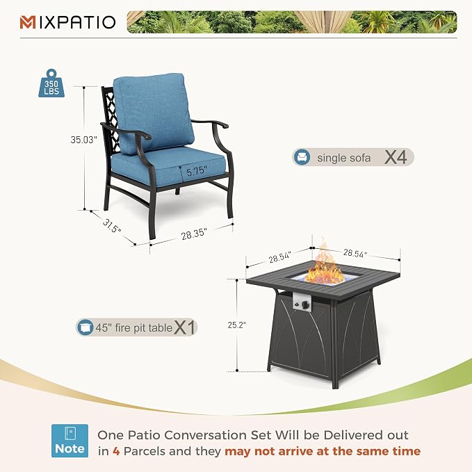 MIXPATIO Patio Furniture Set with Fire Pit Table, 5 Pcs Metal Outdoor Conversation Set, 4 Single Chairs with 5.75" Extra Thick Cushion and 28" Fire Pit Table for Backyard Deck, Navy Blue