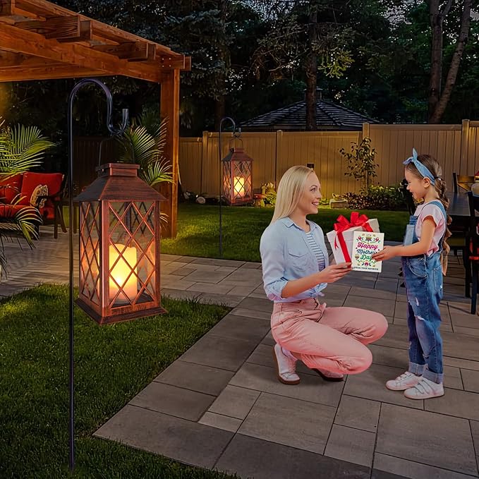 [2 Pack] TAKE ME 14" Solar Lantern Outdoor Garden Hanging Lantern Waterproof LED Flickering Flameless Candle Mission Lights for Table,Outdoor, Mothers Day Gifts Mom Wife
