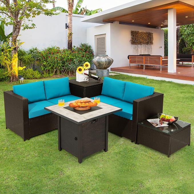 COSTWAY 5 Piece Patio Furniture Set with 30'' Fire Pit Table, Outdoor Wicker Rattan Loveseat Sofa with 4'' Thickened Cushions, 2 Side Tables, Sectional Conversation Set for Backyard (Turquoise)