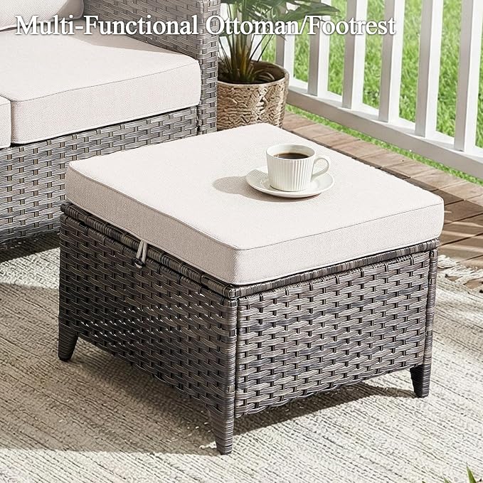 Luxury Patio Furniture Sofa Set - 3 Pieces All Weather Wicker Outdoor Couch and High Back Patio Sofa with 2 footstools for Deck Yard and Poolside Gray Wicker | Beige Cushions