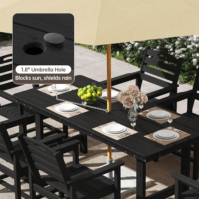 PIZZELLO Patio Dining Table for 6, 66" Rectangular HDPE Outdoor Dining Table with 1.8" Umbrella Hole, All Weather Outdoor Patio Table for Lawn Backyard Garden, Black