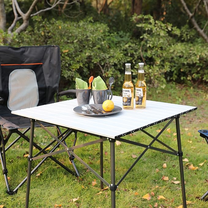 Portal Lightweight Aluminum Folding Square Table Roll Up Top 4 People Compact Table with Carry Bag for Camping, Picnic, Backyards, BBQ, Silver