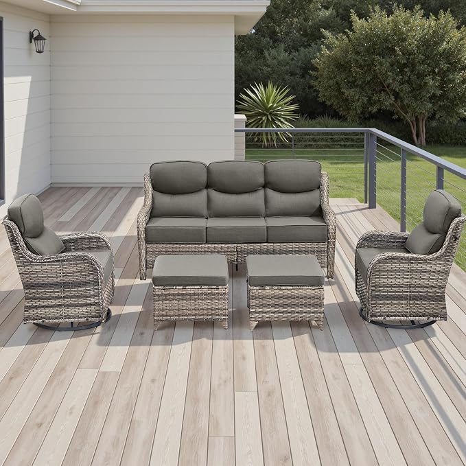 Rilyson Wicker Outdoor Patio Furniture Set - 5 Piece Patio Conversation Sets with Swivel Rocker Chairs, Ottomans and Sofa, 6 inch Cushions, Waterproof Wicker, for Porch Deck Mixed Grey/Grey