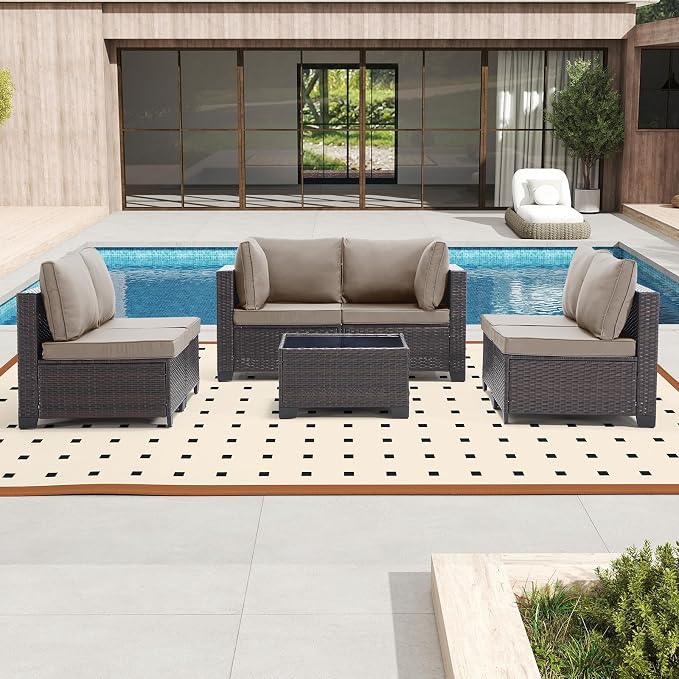 Bonzy Home 5 Pieces Outdoor Patio Furniture Set, PE Rattan Outdoor Sectional Furniture Sofa Set with Removable Cover and Glass Coffee Table, Patio Sofa for Balcony, Porch, Garden, (Brown-Khaki)