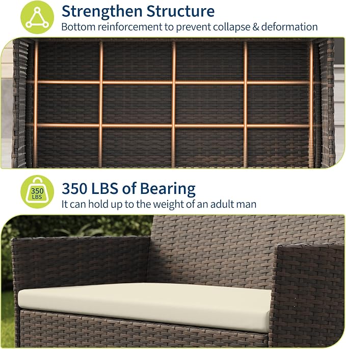 3 Piece Patio Furniture Set, Outdoor Patio Wicker Sofa Set with Upholstery and Glass Storage Coffee Table, All Weather Conversation Rattan Set for Garden, Porch, Lawn, Pool, Brown+White