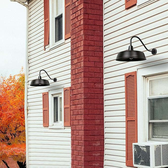 Gooseneck Barn Light, 15inch Dusk to Dawn Black Outdoor Wall Sconce | Weatherproof Steel Exterior Large Lighting Fixture, E26 Base, Easy DIY Install for Porch, Garage, Barn, Farmhouse(1 PC)