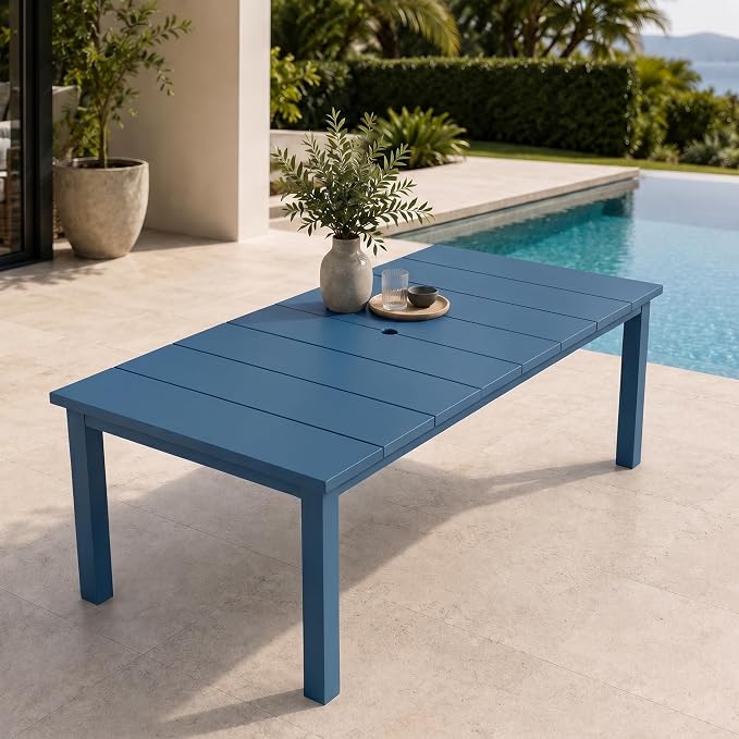 75.2" HDPE Outdoor Dining Table for 4-6 People, Rectangular Patio Dining Table with Umbrella Hole, All Weather Patio Dining Outdoor Table for Deck, Backyard and Garden, Navy Blue