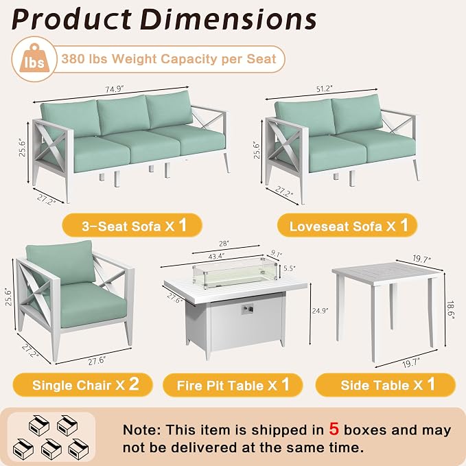 8-Piece Oversized Aluminum Patio Furniture Set with Fire Pit Table, Coffee Table & Weather-Resistant Outdoor Sofa — Luxe Outdoor Conversation Set for Deck, Garden, Poolside-White