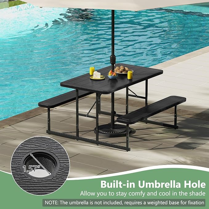 LDAILY Picnic Tables with Benches, Rectangular Dining Table Set for Outside 4 People, HDPE Tabletop, Metal Frame, Umbrella Hole, Heavy Duty Picnic Table for Outdoors, Patio, Lawn, Commercial (Black)