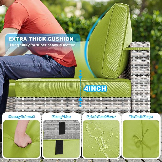 9-Piece Patio Furniture Set, Outdoor with Ottomans, Modular Patio Sofa, Dual-Strand Wicker Rattan, Rust-Resistant Frame, Backyard Furniture for Garden, Deck, Grass Green