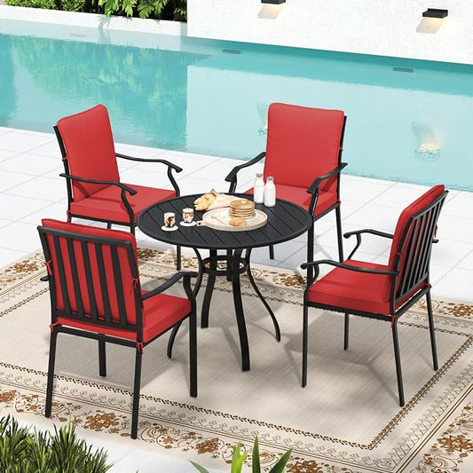 5 Piece Outdoor Patio Dining Set, 36’’ Round Dining Table with Umbrella Hole & 4pcs Metal Dining Chairs, Outdoor Furniture Dining Set for Patio, Balcony, Lawn, Garden, Backyard