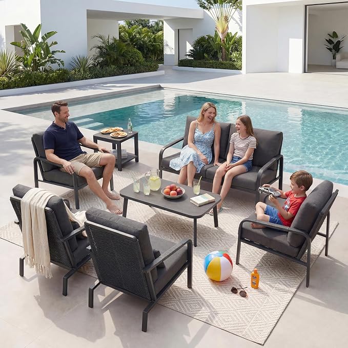 7 Piece Aluminum Patio Furniture Set, Outdoor Conversation Set with 3-Seat Sofa, 4 Chairs & 2 Coffee Tables, Cushioned Patio Seating for Backyard, Garden, Balcony, Grey