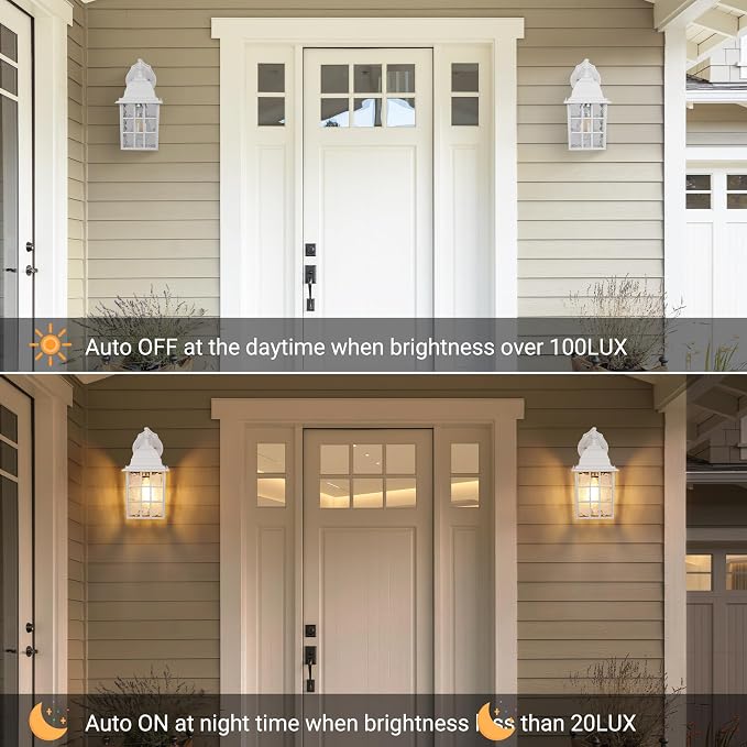 Dusk to Dawn Outdoor Light Fixture, 2 Pack Porch Lights Wall Mount, White | Aluminum Frame, Water Rippled Glass, Waterproof, E26, Sensor Exterior Lighting Fixtures, Wall Sconce For Garage, Front Door