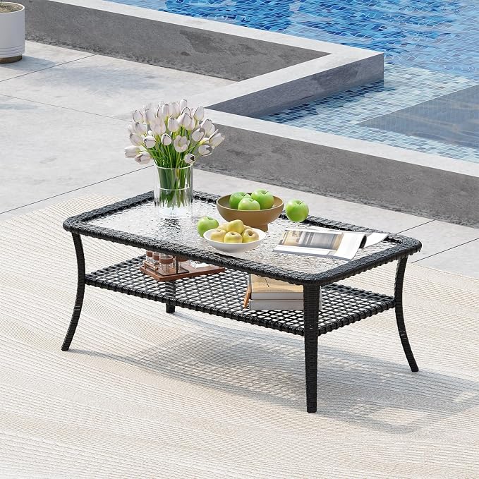 LazySunsets Outdoor Coffee Table with Storage Wicker Patio Coffee Table, Tempered Glass Top Table for Patio Outside Balcony Porch Deck, Black