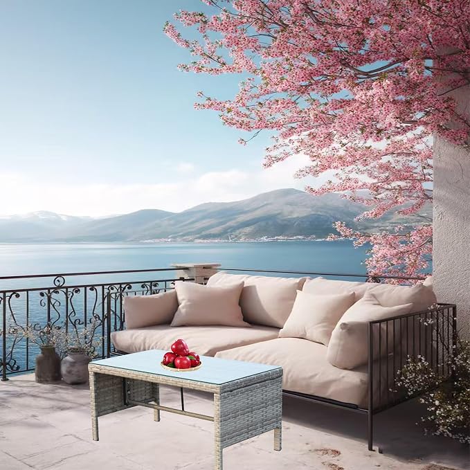 31.1" Outdoor Patio Side Table – Low Rectangle Coffee Table with Tempered Glass Top, Outdoor Wicker End Table for Backyard Deck Patio, 180 lbs Capacity, Grey